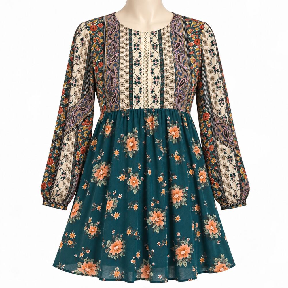 Umgee Boho Mixed Print Floral Paisley Babydoll Mini Dress Women's S